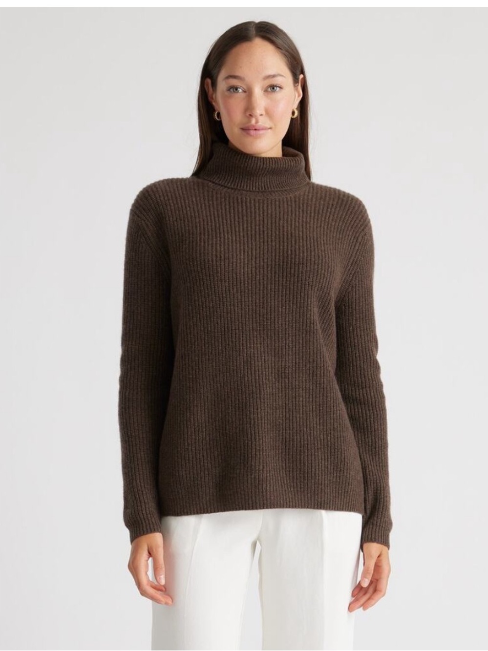 Quince Mongolian Cashmere 2.0 Fisherman Turtleneck Sweater Brown Ribbed Small